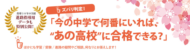 指導30年の歴史から生み出した「今の中学で何位にいれば、あの高校に合格できる！？」目安をお伝えします。